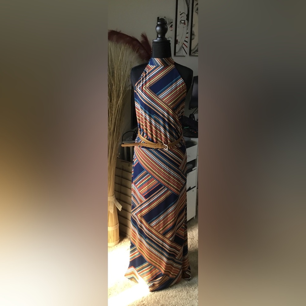 Veronica M Vibrant Striped Backless Dress with Tan Accent Belt